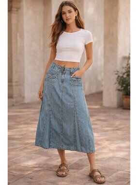 Vintage Y2K Faded Glory 6 Pocket Denim Midi Skirt Women's Size 4 Small Boho